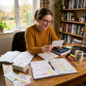 Student reading a flashcard while surrounded by notebooks, books, and study materials